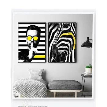 Sarı Güneş Gözlüğü Siyah Zebra Resim İle Modern Bir Adam Poster Özelleştirme Basit Üçlü Oturma Odası Bar Dekor Boyalı