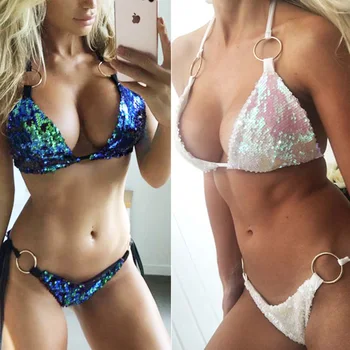 Seksi Brezilyalı Bikini Set Kadın Bikini Üçgen Pullu Bikini String Mayo Bling Biquini Mayo Yukarı İtin Payetli