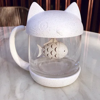 Karikatür Kedi Çay Bardağı Balık filtre yüksek kaliteli silikon süzgeçli cam bardak Yaratıcı kupa çay seti