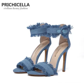 PRİCHİCELLA mavi kot ayak bileği kayışı yüksek topuk hakiki deri yaz stiletto topuklu sandalet