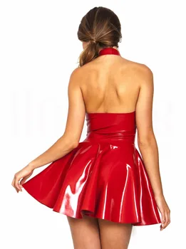 2017 Yeni Kadın Kostüm Siyah Kırmızı Suni Deri Elbise Yular Mini Parti Elbise PVC Latex Seksi Clubwear Gece Kulübü Elbise S-XXL