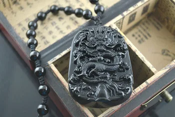 Erkekler İçin Antik Çin Ejderha Sembolü Emperyal Güç Kolye Siyah Obsidyen Oyulmuş Takı ve Mücevher