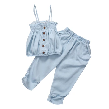 Yaz Yeni Sevimli Çocuk Kız Kot Elbise Bebek Çocuk Kız Çocuk Kolsuz Spagetti Kayışı Üst Pantolon Giyim Setleri