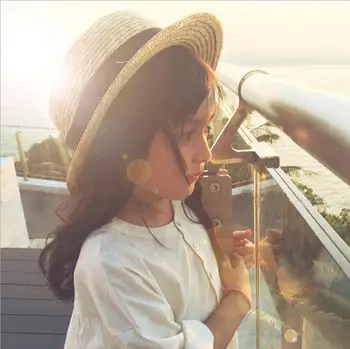 Sevimli Çocuk Kız Ilmek Saman Güneş Şapka Çocuk kadın Geniş Ağzına Hasır Plaj Yaz Sahil Şeridi 54CM Düz Üst fötr şapka Yuvarlak