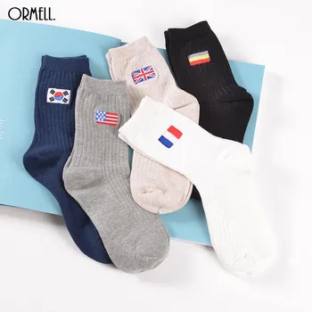 Moda Bayrak Nakış Kadınlar Pamuklu Çorap Kore İNGİLTERE Fransa Almanya Avustralya Kadın Düz Renk Çorap