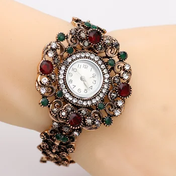 Zarif Çiçek Yuvarlak Bilezik İzle Kadın Saat Kuvars Vintage Türk Hint Gelin Kol Saati, Antika Mücevher Saatler