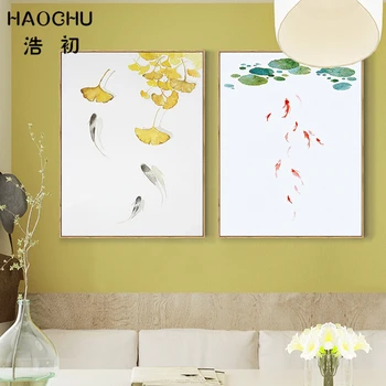 Çin Soyut Manzara Duvar Resimleri Ofis Ev Dekorasyonu Boyama Lotus Gölet Dekoratif Petrol HAOCHU Gingko Yaprak Dökümü Balık