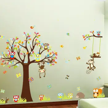 1212 çocuk odası ev dekorasyonu hayvanlar adesivo de parede için sevimli maymunlar ağaç duvar çıkartmaları. karikatür pvc duvar çıkartmaları sanat 3.0