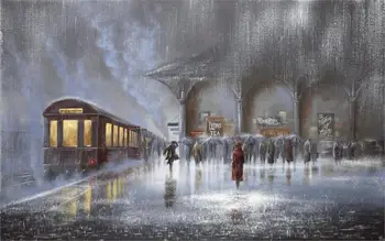 EX480 yağmur adam kadın şemsiye bina Jeff Rowland tren istasyonu Romantik oturma odası Ev sanat Dekor kumaş Poster