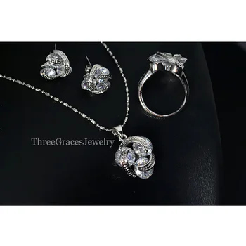 ThreeGraces Yeni Moda 925 Gümüş Takı Setleri Kübik Zirkon Düğüm Küpe Kolye Ve Yüzük Kadınlar İçin JS124 Set
