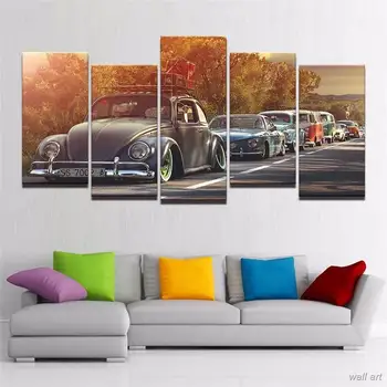 Modern Ev Duvar Sanatı Dekor Çerçeve Resim Tuval Retro Sunset Poster Baskılar, 5 Adet Volkswagen Beetle Araba Resim Hd