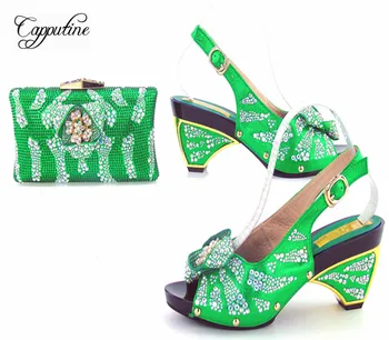 Capputine İtalyan Tarzı Kadın Yeşil Renk Ayakkabı Ve Alışveriş Çantası Afrika Rhinestone Kadın Pompalar Parti Ayakkabı Ve Çanta Seti