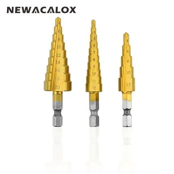 NEWACALOX Altıgen Yüksek Hız Çelik Ahşap Metal Delme Titanyum Adım Matkap 3-12mm 4-12mm 4-20 mm HSS Güç Araçları seç: ayarla/Bit