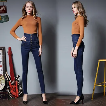 2017 İNDJXND Yüksek Bel Elastik Pantolon Kadınların Düğme Skinny Denim Moda İnce Tam Boy Kalem Pantolon Çift Artı Boyutu 6XL K190