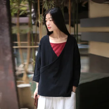 ORİGOODS Kimono Bluz Gömlek Kadınlar Çin tarzı Gevşek Vintage Yaz Gömlek Uzun kollu Katı Keten Kadın Üstleri ve Bluzlar C165