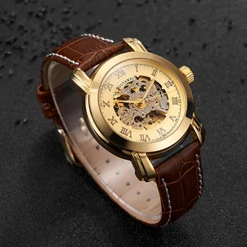 Ouyawei 2017 Yeni Otomatik Kendinden kurmalı Saatler Erkekler Lüks Altın Mekanik İskelet Deri Watch montre homme automatique Saat