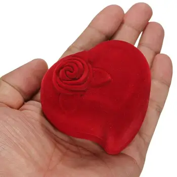 Kırmızı Kalp Şeklinde Kadife Yüzük Kutusu, Nişan Düğün Takı Kutuları Rose Sevgilisi için Çiçek Tasarım Hediye Tutucu Toptan