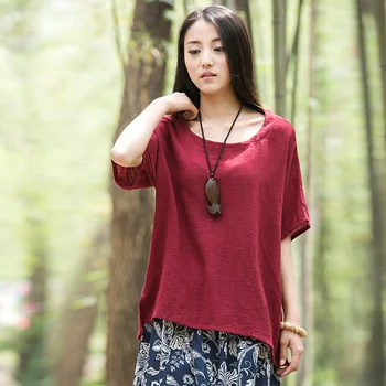 Yaz stili Katı O-boyun Pamuk Keten Kadın Bluz Gömlek Artı boyutu Marka Gevşek Rahat Mori kız Şirin Bluz Gömlek B057 Üstleri