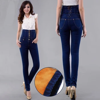 Yüksek Bel Kot pantolon Kadın Kış Kalınlığı Sıcak Streç Denim Uzun Kalem Pantolon Kot Femme 4XL Artı Boyutu Kadife