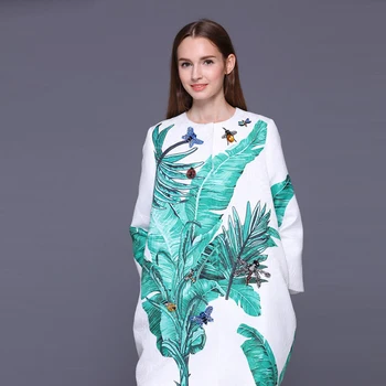 YÜKSEK KALİTE Yeni 2016 Sonbahar Kış Pist Tasarımcısı Ceket Kadın Muz Baskı Jacquard Kristal Boncuk Yaprak Açması