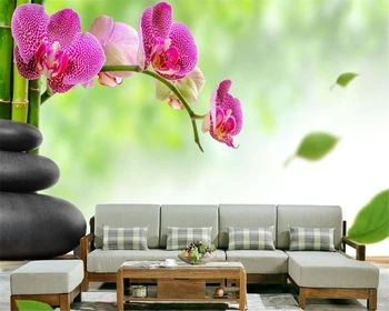 Oturma Odasında TV Duvar 3D duvar Kağıdı Yatak Odası Bambu üzerinde Beibehang Özel duvar Kağıdı Taş ve Orkide, 3D Fotoğraf Duvar Kağıdı