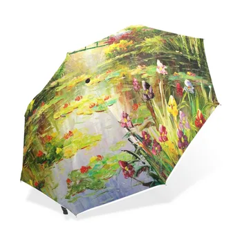 Monet Özgün Kadın Şemsiye yağlı Boya 3 Katlanır Şemsiye Güneş Koruma Anti-UV Güneş ve Yağmur Şemsiye Bayan Şemsiye