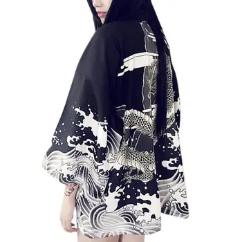 Vintage Yenilik Ejderha Dalgalar, Yaz, Sonbahar Giyim Şifon Güneş Koruma Hırka Kimono Güneş Gömlek Kadın Giyim Baskılı