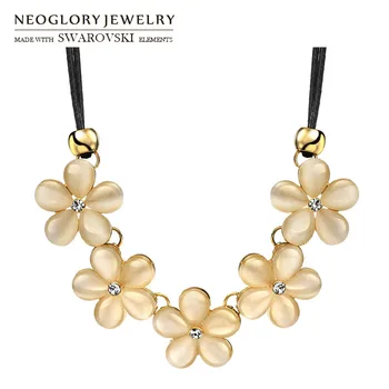 Neoglory Avusturya Rhinestone & Opal Uzun Charm Kolye Zarif Çiçek Tarzı Açık Sarı Altın Rengi Bayan Moda Moda Hediye