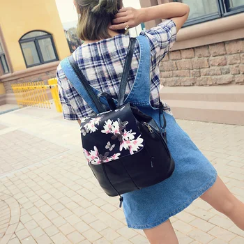Kızlar İçin Baskı İpli Sırt çantası kadın Sırt çantası Deri Mochila Kadınlar Çiçek Siyah Okul çantası Sırt çantası kadın