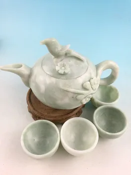China Doğal jades El-cup Heykeller Çin Yeşim oyma Yeşim demlik çay Kung Fu dört fincan çaydanlık oyma