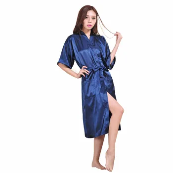 Yepyeni Lacivert Bayan Bornoz Kimono Banyo Elbise Kadın Seksi İpek Gecelik Yukata Artı Boyutu M L XL XXL XXXL NR061