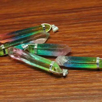 5 adet İnce Toplu Doğal Kuvars Çift Nokta Kolye Sopa,Titanyum Degrade Renk Ham Kristaller Gümüş Döngü Spike Boncuk Kaplama
