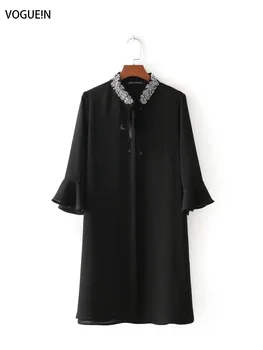 VOGUEİN Yeni Kadın Moda Siyah Yaka Papyon Toptan 3/4 Kollu Mini Elbise Kravat Boncuklu