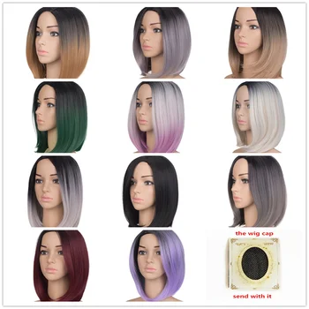 Feilimei Tam bir Baş Mesafede Gri Peruk Siyah Kadın Kısa Düz 160 gr Renkli Isıya Dayanıklı Sentetik Saç Cosplay Peruk Degrade
