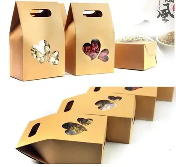 50pcs/lot Kahverengi kraft kağıt torbalar,düğün/hediye/kahve/yiyecek/kağıt şeker paketi için pencere kutuları geri dönüştürülebilir Ayağa