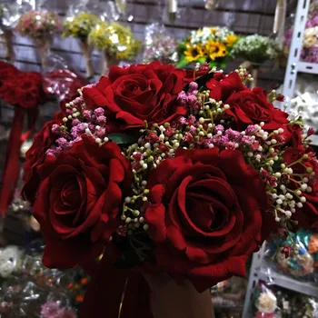 2018 Gerçek Fotoğraf Kırmızı Mor Çiçek Düğün Güzel Düğün Aksesuarları Birdal Buket Buket Gül