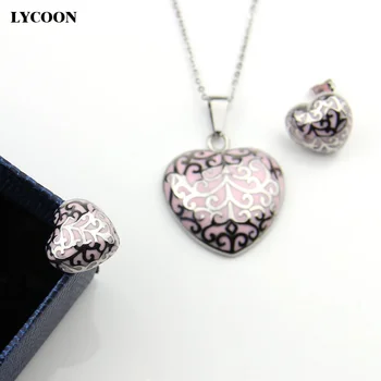Siyah reçine kolye ile LYCOON yeni paslanmaz çelik kalp tarzı kalp küpe takı kadınlar için LYS010 set emaye
