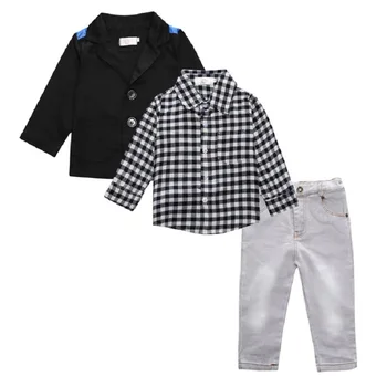 Hooyi Erkek 3 Adet Elbise takım Elbise Çocuk Moda Çocuk Ceket + Gömlek + Jean Bebek Çocuk Kıyafetleri Kareli Gömlek Ceket Pantolon Set