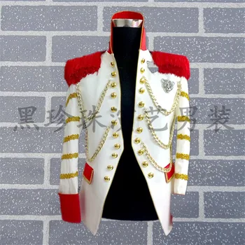 Erkek beyaz yaka altın nakış kırmızı püsküllü ceket /dans/jazz/moda sahne performansı ceket standı