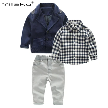 Yilaku Çocuk Giyim Çocuk Kıyafet Çocuk Ekose Gömlek+Ceket+Pantolon Set 3 Adet Erkek Giysileri Bebek Bebek Erkek Kıyafetleri Belirler