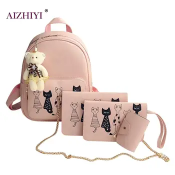 4 adet/Kedi Kadın mochila feminin PU Deri Sevimli Dekorasyon Kavramalar İçin Sırt çantası Omuz Çantası Baskılı set Mochila Sırt Çantası