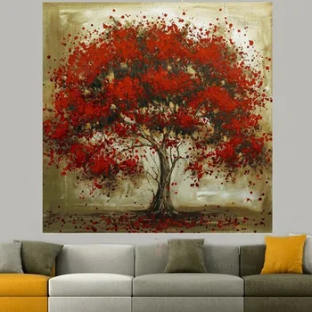 El Tuval Kırmızı Çiçek Ağaç Yağlı Boya Soyut Modern Tuval Duvar Sanatı Salon Dekoru Resim Üzerine Yağlıboya Resim Yaptı