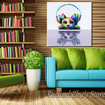 El Tuval Kedi Leason Müzik Duvar Resimleri Çocuk Odası Duvar Dekoru Noel Hediyesi Güzel Karikatür Kedi Yağlıboya Boyalı