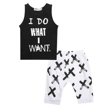 2016 yeni Sevimli Bebek Bebek Erkek Kıyafetleri Pamuk Üstleri Tee Yelek Ayarlar T-Shirt Kısa pantolon Şort Siyah 2 adet Mektup Çocuk Kıyafetler +