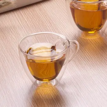 Kolu Kalp Cam Çay Fincan Açık Çift Duvar Kahve Öğleden Sonra Çay Çift Katmanlı Cam Kupa Severler Şeklindeki
