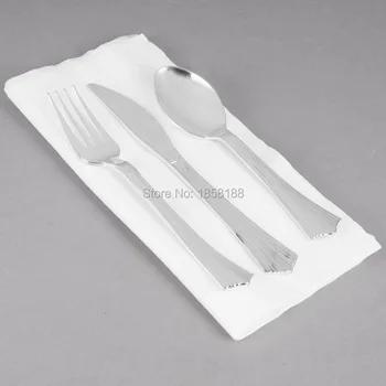 120 Kişi Tek Kullanımlık Düğün Yemek Parlak Gümüş Çatal Bıçak Takımı Çatal/Kaşık/Bıçak İle Sert Plastik Tabak Gümüş Kenarlı Sofra