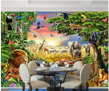 Özel 3d fotoğraf duvar kağıdı 3d duvar duvar kağıdı Gökkuşağı ormanda yeşil papağan fil hayvan çocuk odası 3d duvar kağıdı resim