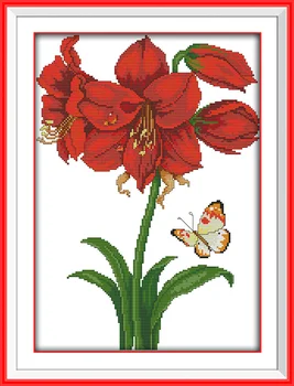 Kelebekler Çiçekler üzerinde kırmızı boya tuval DMC 14CT 11CT Çapraz Dikiş kitleri üzerinde baskı sayılır Setleri Çin nakış işleme