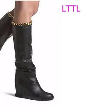 Sıcak Satış siyah deri yüksekliği artan kadın çizmeler yuvarlak ayak diz yüksek 2017 kış altın zincir takoz çizme bot