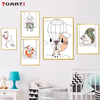 Çocuk Odaları İçin Yaratıcı Karikatür Hayvanlar Ayı, Sincap Resim Poster Dekorasyon Ve Oturma Odası İçin Duvar Resmi Yazdırır